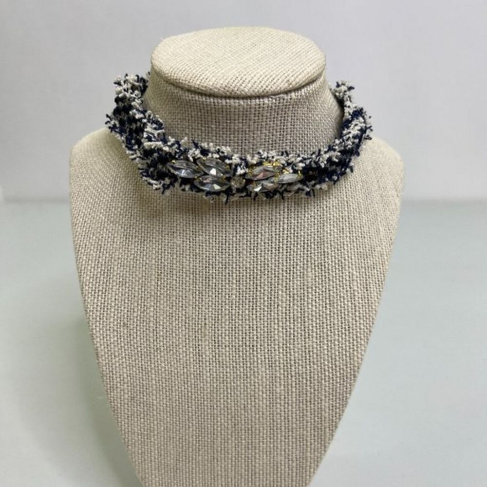 Choker Necklace Denim Rhinestone Small Frayed Boho Gold Tone Statement Used, see